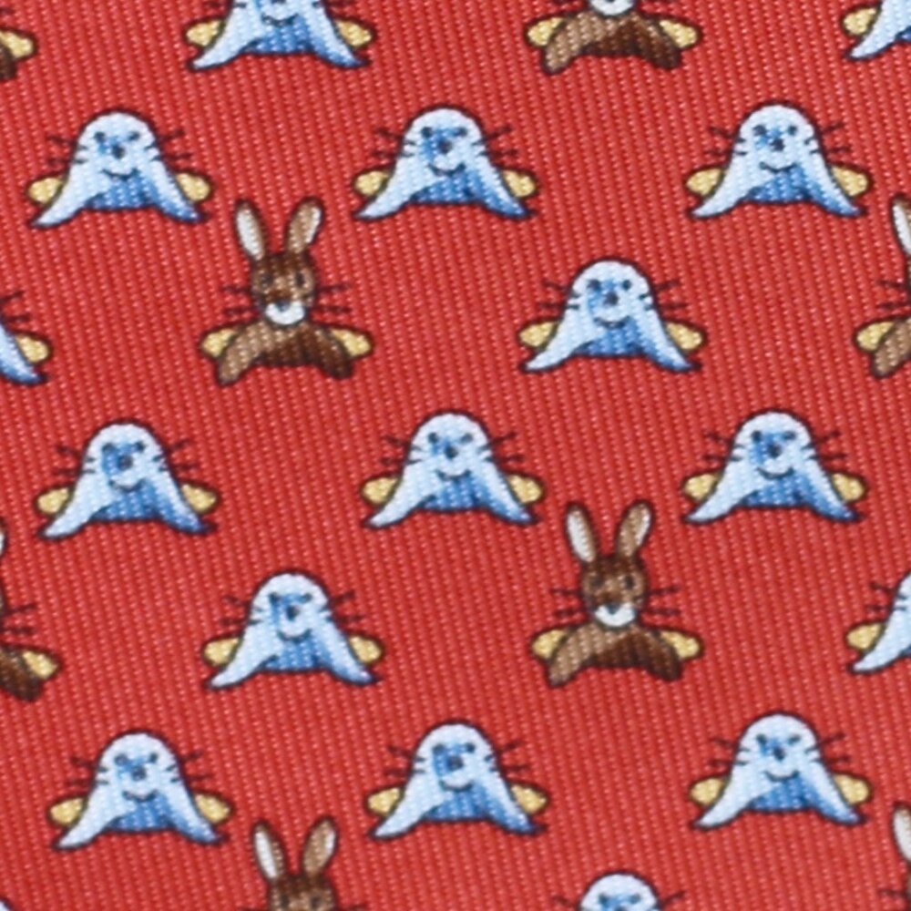 100% REAL HERMES TIE ~ RED w FUN BROWN BUNNY RABBITS & PLAYFUL BLUE SEALS XL